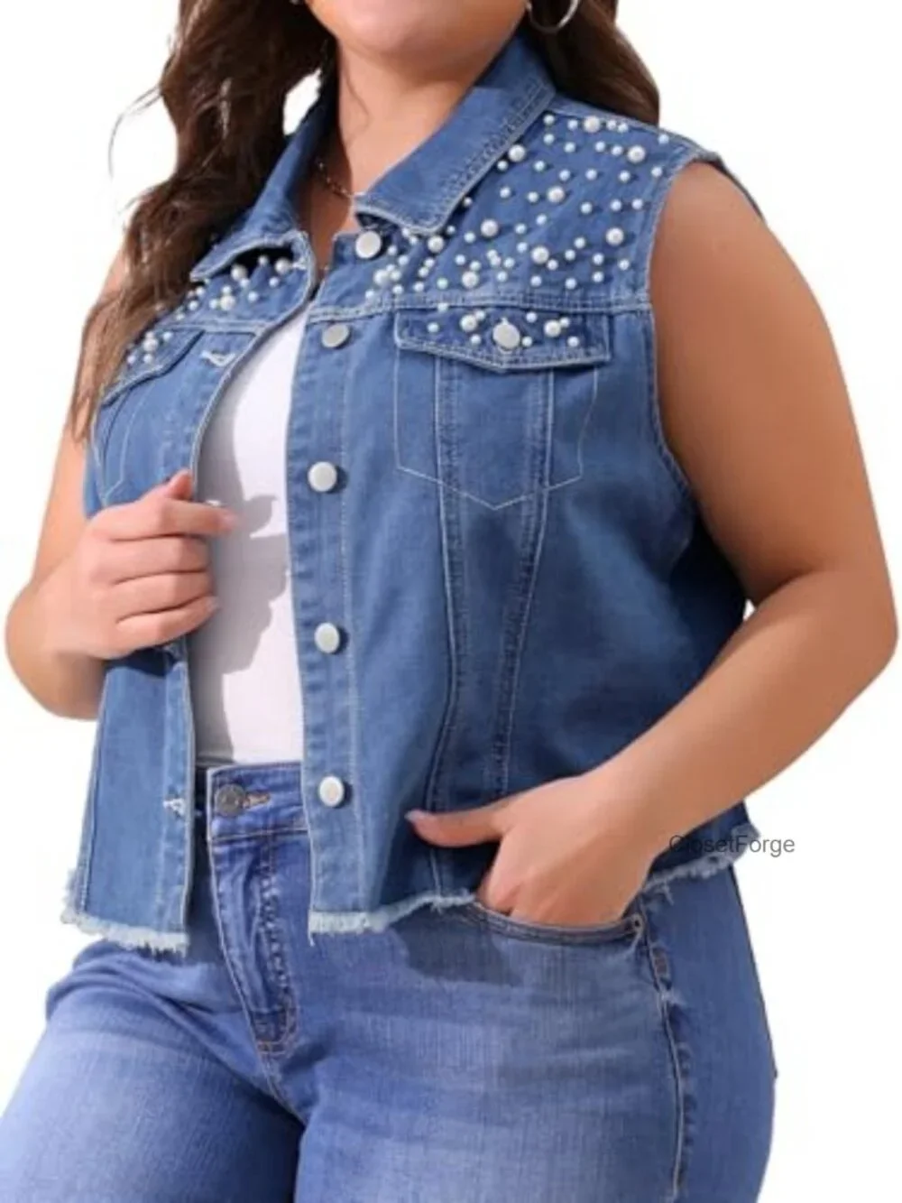 Plus Size Sleeveless Embroidered Pearl Denim Vest Jacket